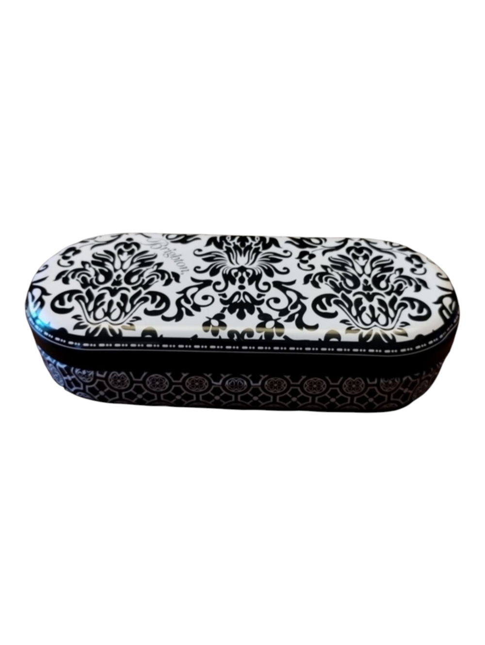 Brighton Sunglasses Case Hard Metal Tin Black White Damask Scroll Print
